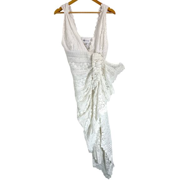 NWT Just Bee Queen Tulum Bali Ruched Crochet Lace Midi Dress White Size M - Picture 4 of 14